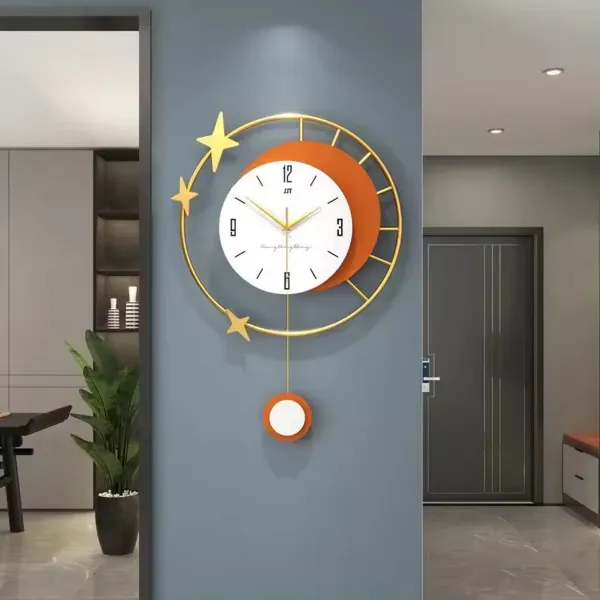 Modern Wall Clock with Crescent Moon, Gold Stars, and Elegant Pendulum