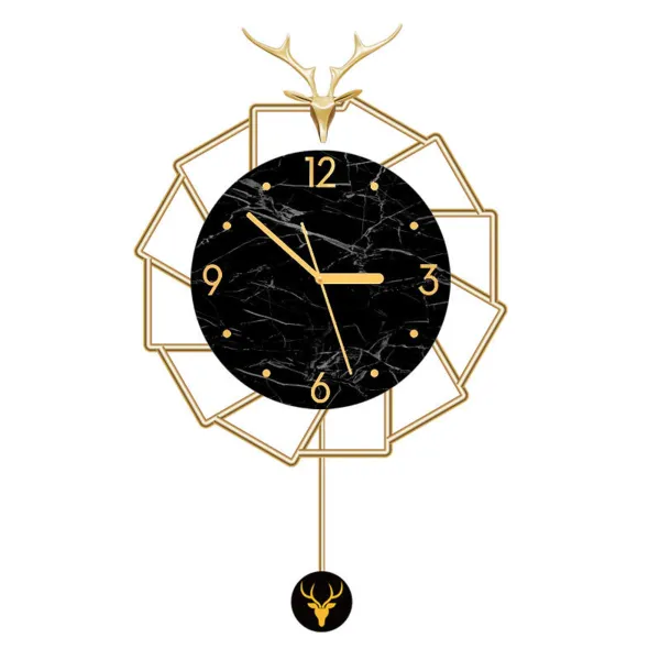 Luxurious Black Marble Wall Clock with Gold Deer Accents