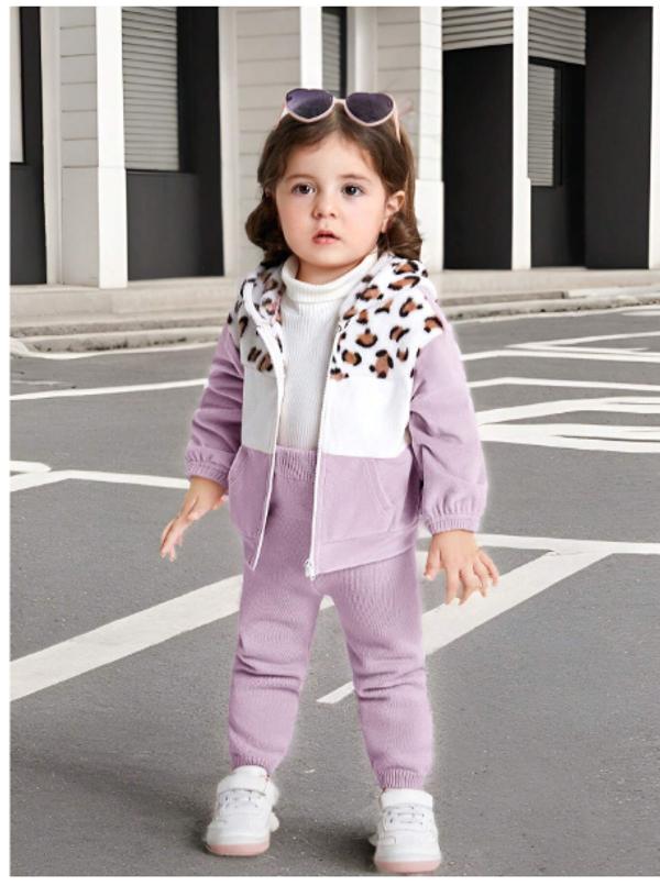  Baby Girl Color Block Leopard Print Fleece Hooded Jacket