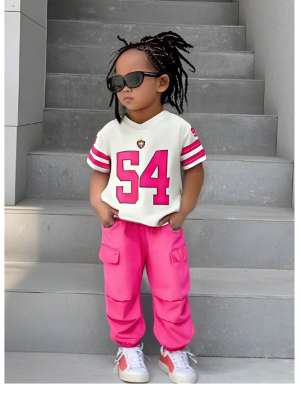 2pcs/Set Baby Girl Infant Toddler 0-3T Sporty V-Neck Loose Jersey Top And Relaxed Fit Cargo Sports