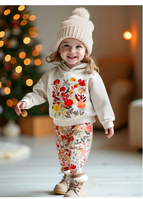 Baby Girls 2 Pieces/Set Of Stylish And Elegant Floral Hoodie + Flared Pants