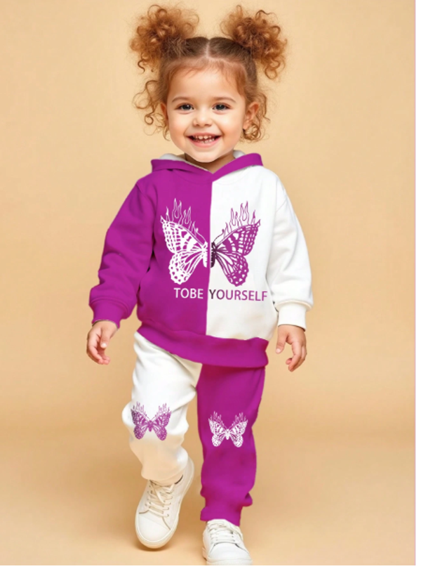Infant Girls' Casual Fashion Butterfly Print Graphic Basic Hoodie Sweatshirt And Pants Set