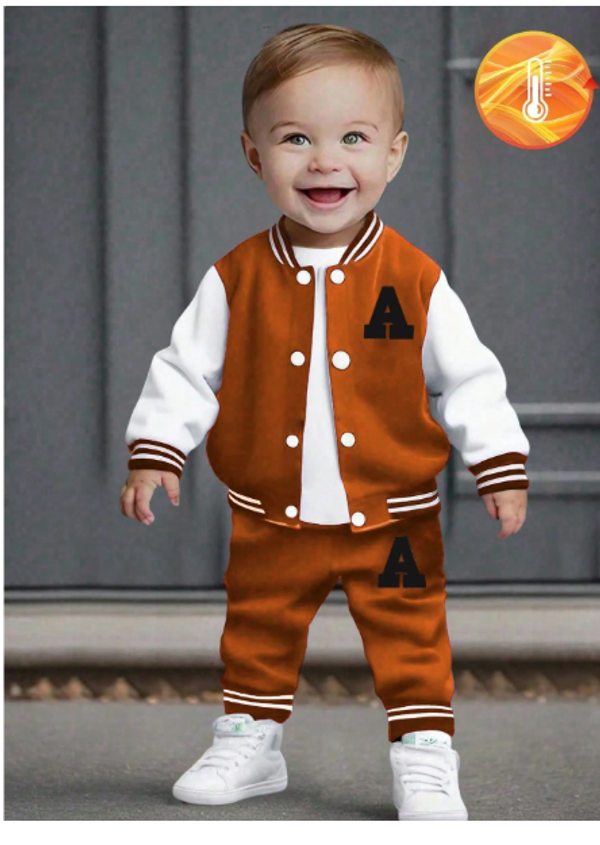 1 Set Baby Boy Cardigan Snap Button Baseball Jacket With Letter Print And Letter Print Elastic Waist Pants