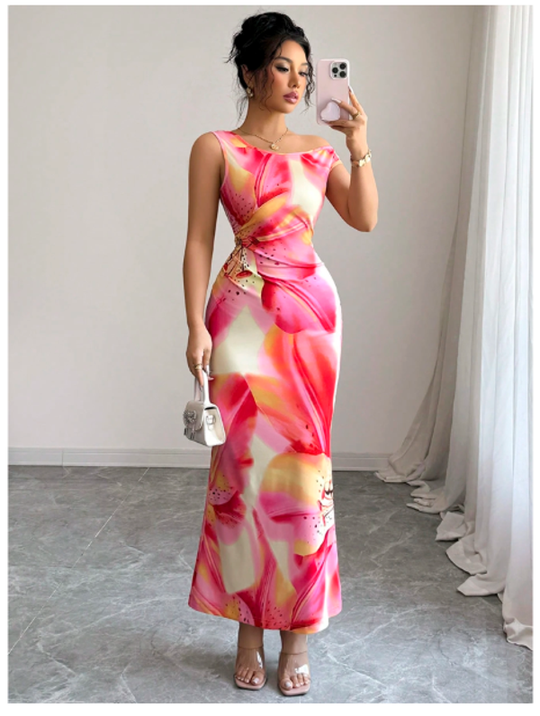 Long Floral Print Slim Fit V-Neck Dress