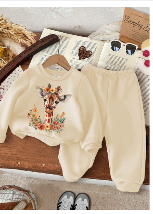 2pcs Baby Girl "Fall Vibes" Cute Giraffe Print Soft Knit Thicken Pullover Sweatshirt & Pants Set