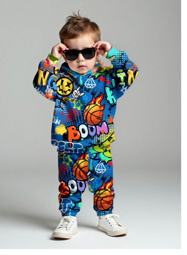 Baby Boy Casual Loose Cartoon Abstract Pattern Soft Knit Hoodie Sweatshirt & Pants Set