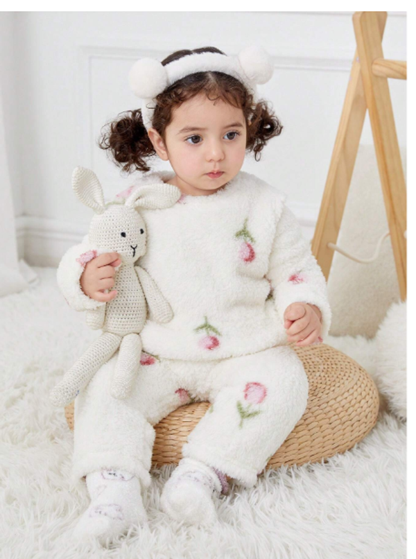 2pcs Baby Girl Tulip Pattern Crew Neck Long Sleeve Soft Comfortable Double-Sided Fleece Pajama Set