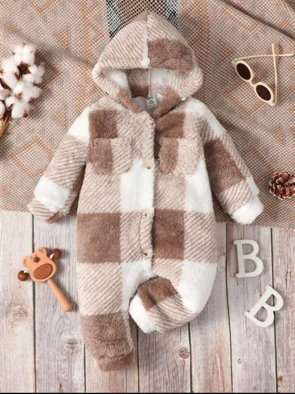 Baby Boy Buffalo Plaid Dual Pocket Hooded Flannel Jumpsuit