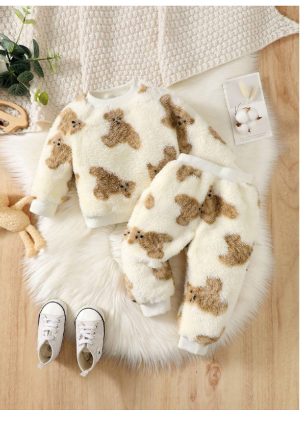 2pcs Set Baby Girls Fashion Casual Bear Pattern Crew Neck Long Sleeve Fleece Top And Pants Set