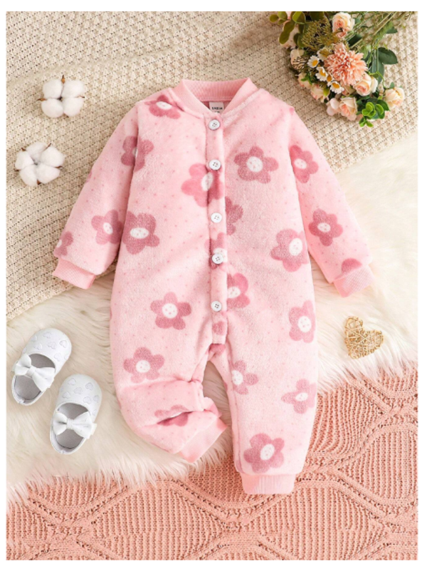 Baby Girl Pink Casual Floral Comfortable Warm Long Sleeve Jumpsuit For Fall & Winter