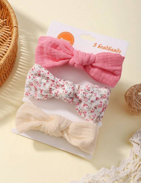 3pcs solid color printed bow elastic headband