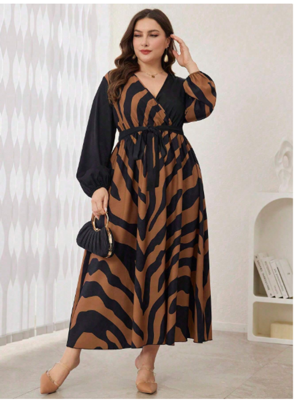  Crossed Collar Zebra Print Splice Waisted Midi Dress