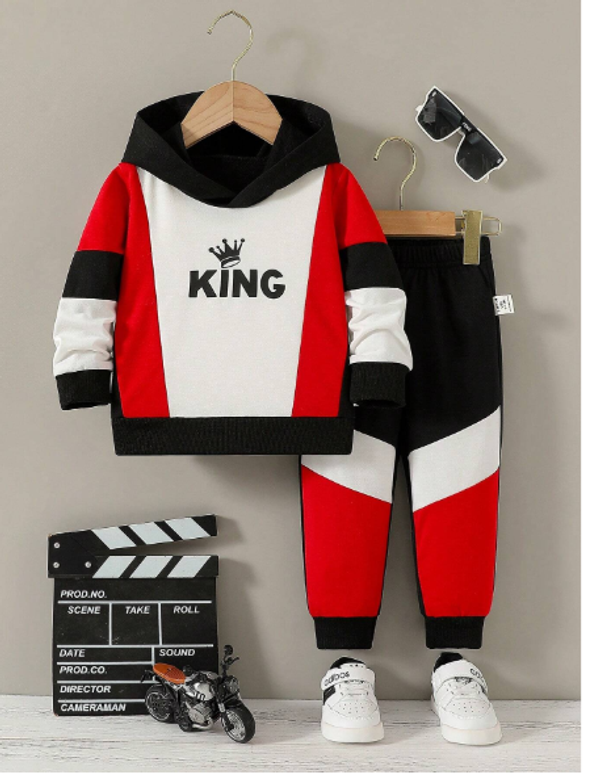 2pcs/Set Baby Boys Fashion Casual Color Block "KING" Letter Print Hoodie Sweatshirt And Sweatpants Set