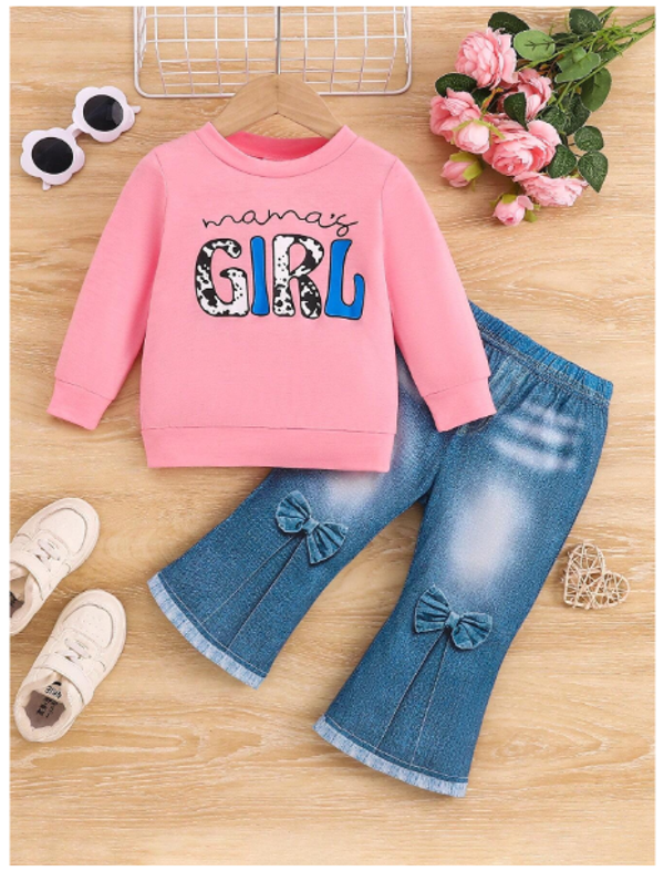 2pcs/Set Baby Girls Fashion Letter & Graphic Print Sweatshirt And Denim Effect Flare Jeans Set