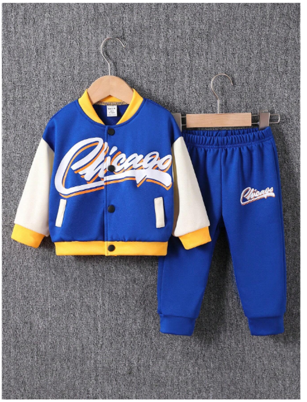 Baby Boys Letter Print Colorblock Baseball Jacket Hoodie And Sport Pants Set