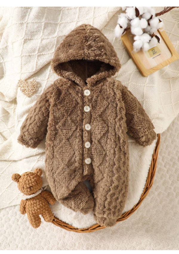 Baby Boy Winter Front Button Hooded Fleece Jumpsuit