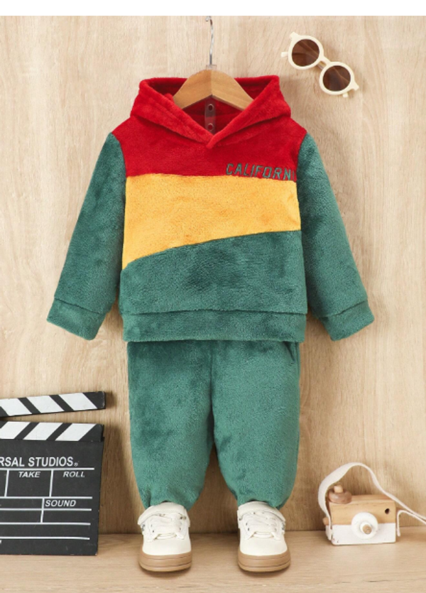 Baby Casual Letter Graphic Colorblock Multicolor Hooded Sweatshirt And Sweatpants