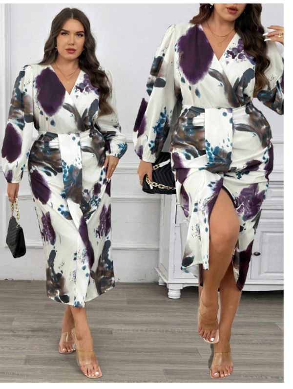 High Slit Pleated Print Dye Unique Wrap V-Neck Long Sleeve Split Hem Midi Dress Set