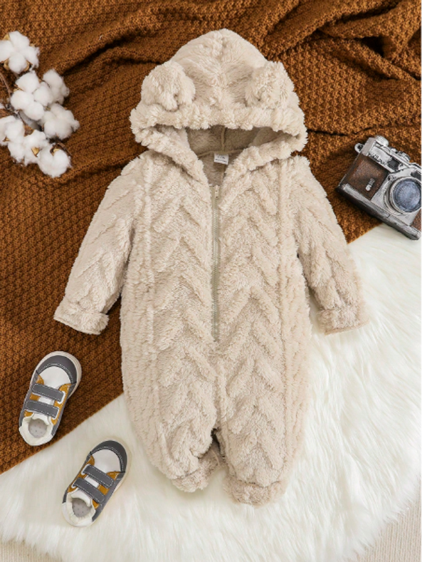  Baby Boy 3D Ears Design Hooded Flannel Jumpsuit