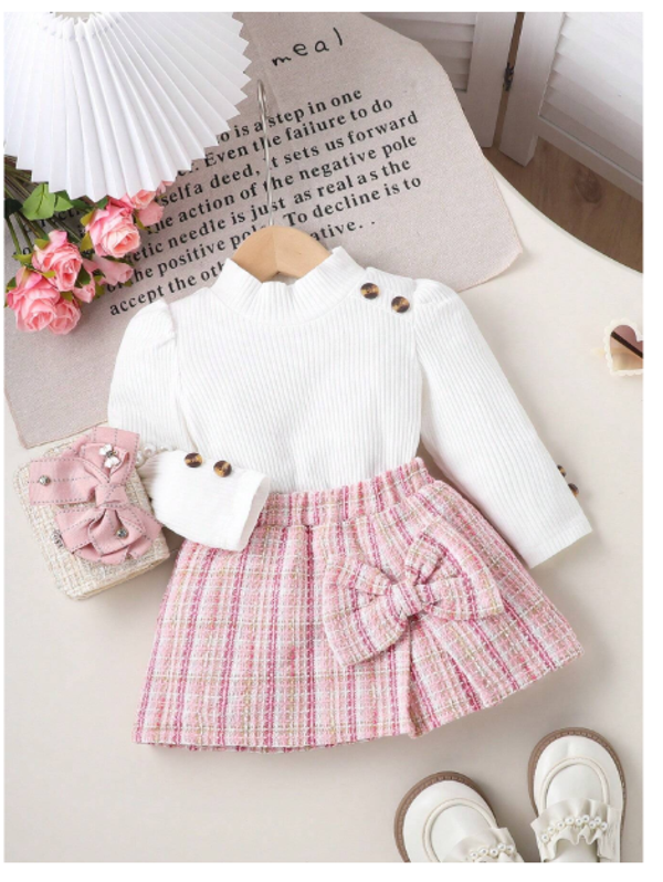 Baby Girls Snap Button Turtleneck Top & Cute Bow Decor Pink Skirt 2pcs Set