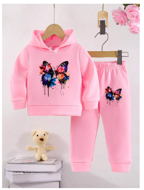 Baby Girls' Butterfly Printed Fashionable Long Sleeve Sweatshirt And Casual Pants Warm Outfit
