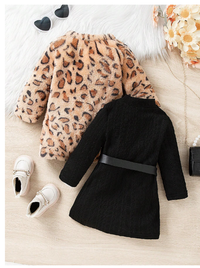  Baby Girl Black & White Leopard Print Fashionable Personalized Thickened Fuzzy Midi Length Jacquard Knit High Collar Long Sleeve Dress