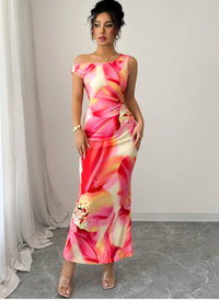 Long Floral Print Slim Fit V-Neck Dress