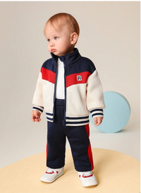 2pcs Baby Boys Blue-Red-White Colorblock Zipper Jacket And Pants 