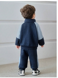 2pcs/Set Baby Boy/Girl Casual Sports Style Drop Shoulder Loose Fleece Patchwork Jacket Top And Ribbed Cuff Pants Outfit