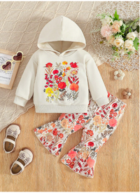 Baby Girls 2 Pieces/Set Of Stylish And Elegant Floral Hoodie + Flared Pants 