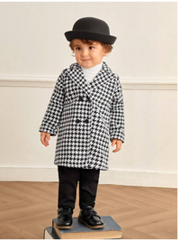 Baby Boy Unisex Classic Fashionable High-End Houndstooth Long Lapel Warm Thick Coat