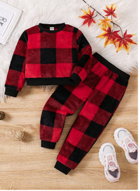 Young Girl Plaid Round Neck Long Sleeve Top And Pants 2 Pieces Casual Set