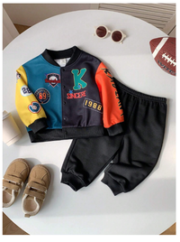 2pcs Set Baby Boys/Girls Casual Sports Style Dropped Shoulder Loose Baseball Collar Jacket & Knitted Jogger Pants Outfit