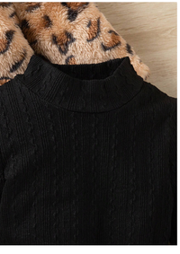  Baby Girl Black & White Leopard Print Fashionable Personalized Thickened Fuzzy Midi Length Jacquard Knit High Collar Long Sleeve Dress