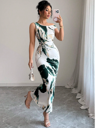 Floral Print Asymmetrical Neck Waist Design Fitted Dress