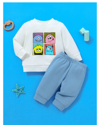  Newborn Baby Casual Cute Funny Colorful Cartoon Monster Graphic Round Neck Long Sleeve Top And Pants