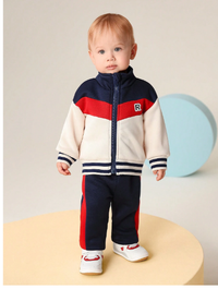 2pcs Baby Boys Blue-Red-White Colorblock Zipper Jacket And Pants 