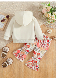 Baby Girls 2 Pieces/Set Of Stylish And Elegant Floral Hoodie + Flared Pants 