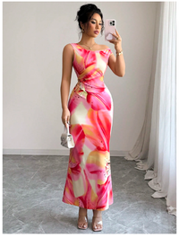 Long Floral Print Slim Fit V-Neck Dress