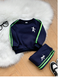 2pcs/Set Baby Boy Casual Sports Neon Trim Long Sleeve Round Neck Pullover Sweatshirt And Pants 