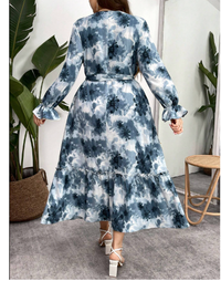 Plus Size Summer Tie-Dye Floral Printed Long Sleeve Bohemian Dress