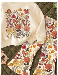 Baby Girls Floral Print Sweatshirt And Bell Bottoms Casual Soft Knit Simple Pullover Two-Piece Outfit