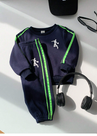 2pcs/Set Baby Boy Casual Sports Neon Trim Long Sleeve Round Neck Pullover Sweatshirt And Pants 