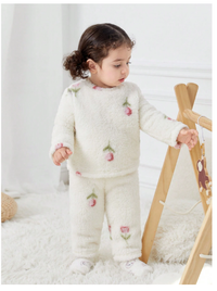 2pcs Baby Girl Tulip Pattern Crew Neck Long Sleeve Soft Comfortable Double-Sided Fleece Pajama Set