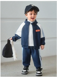 2pcs/Set Baby Boy/Girl Casual Sports Style Drop Shoulder Loose Fleece Patchwork Jacket Top And Ribbed Cuff Pants Outfit