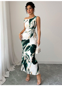 Floral Print Asymmetrical Neck Waist Design Fitted Dress