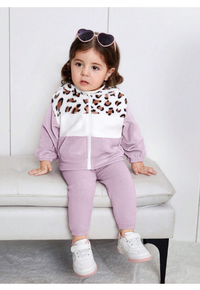  Baby Girl Color Block Leopard Print Fleece Hooded Jacket