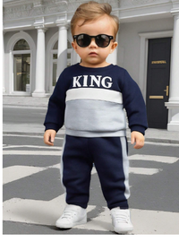 2pcs/Set Baby Boys Contrast Color Block Crew Neck Sweatshirt And Thermal Lined Pants 