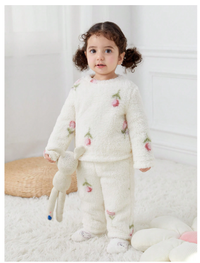 2pcs Baby Girl Tulip Pattern Crew Neck Long Sleeve Soft Comfortable Double-Sided Fleece Pajama Set