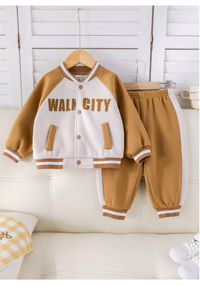 Baby Boys 2pcs Set Contrast Letter Print Soft Knit Round Neck Raglan Sleeve Jacket Baseball Coat And Elastic Cuff Pants